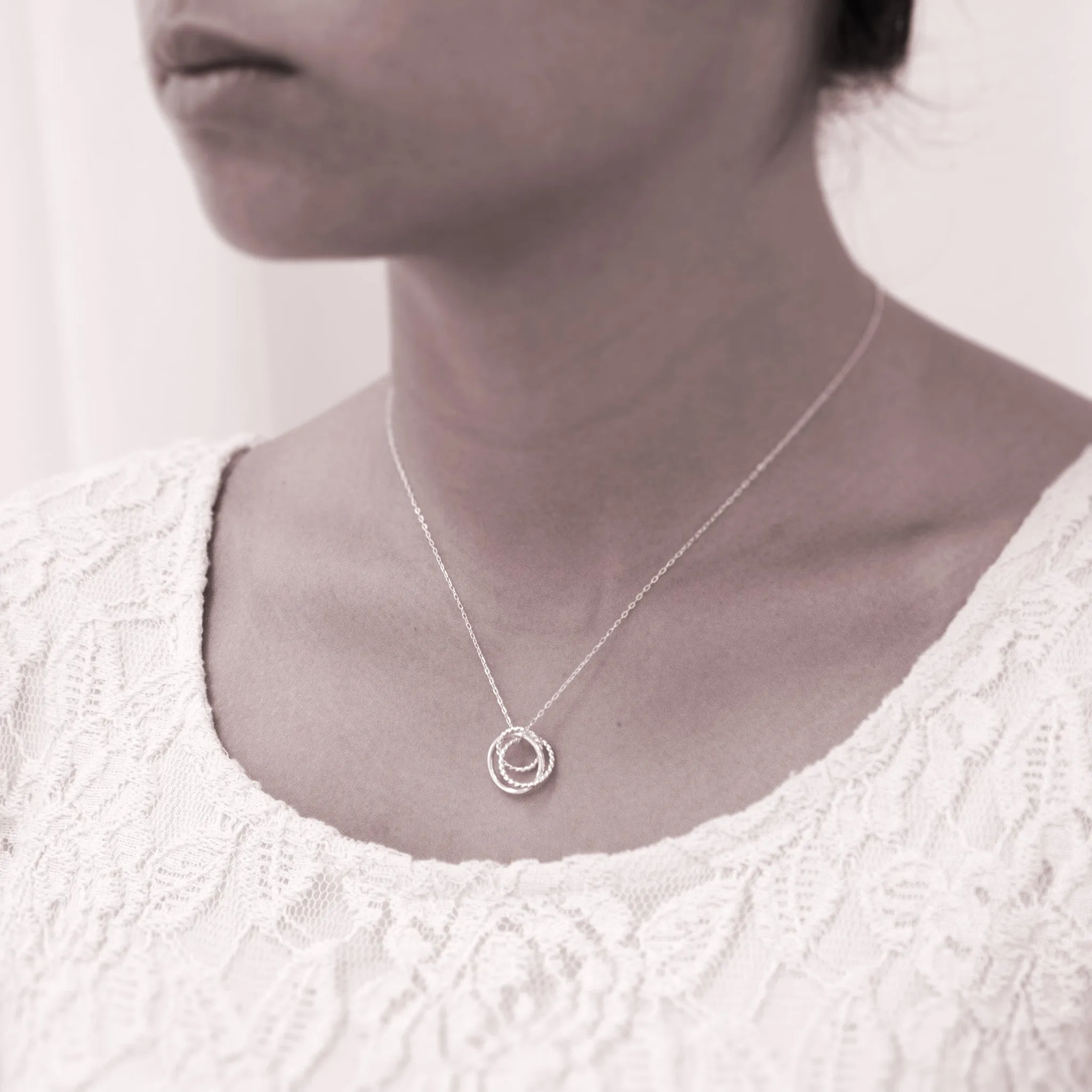 “Family of Three” Interlocking Sterling Silver Necklace on Personalized Jewelry Card