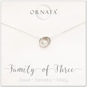 “Family of Three” Interlocking Sterling Silver Necklace on Personalized Jewelry Card
