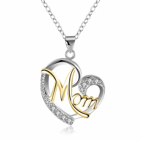 Fashion Letter MOM Heart Shape Inlaid Crystal Pendant Necklace