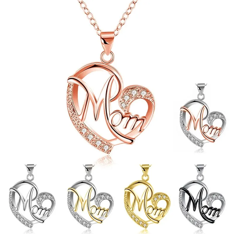 Fashion Letter MOM Heart Shape Inlaid Crystal Pendant Necklace