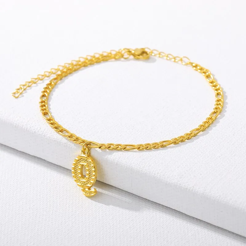 Figaro Cuban Link Chain 18K Gold Plated Waterproof Stainless Steel Anklets A-Z 26 Initial Letter