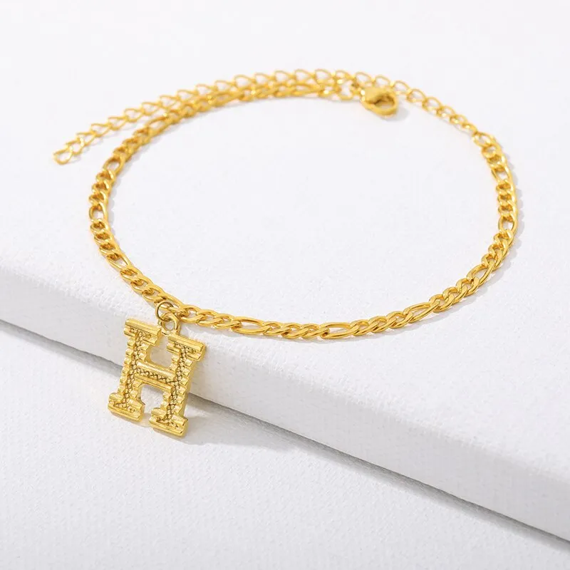 Figaro Cuban Link Chain 18K Gold Plated Waterproof Stainless Steel Anklets A-Z 26 Initial Letter