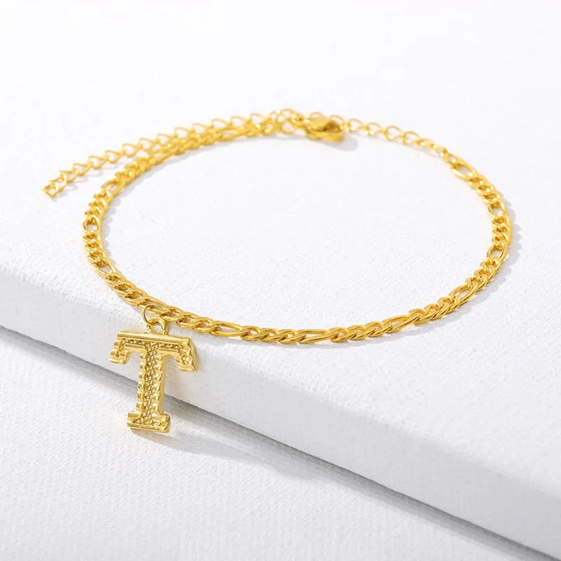 Figaro Cuban Link Chain 18K Gold Plated Waterproof Stainless Steel Anklets A-Z 26 Initial Letter