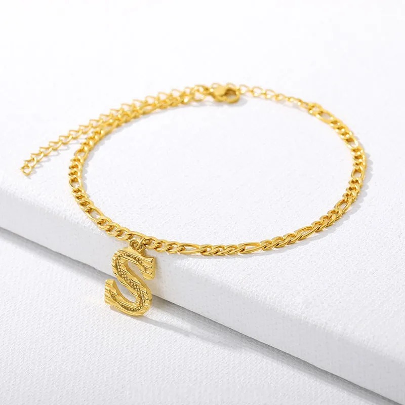 Figaro Cuban Link Chain 18K Gold Plated Waterproof Stainless Steel Anklets A-Z 26 Initial Letter