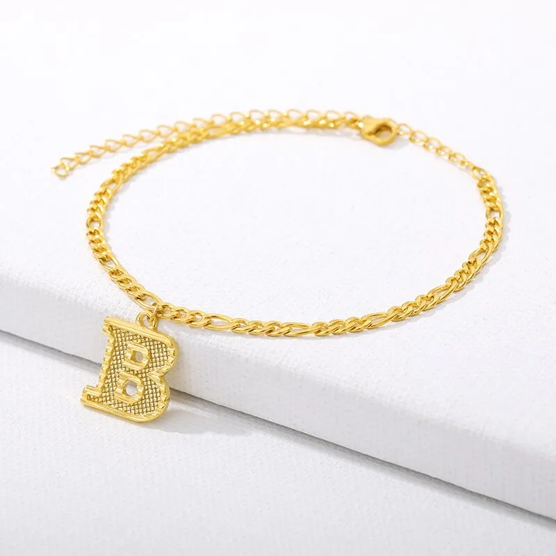 Figaro Cuban Link Chain 18K Gold Plated Waterproof Stainless Steel Anklets A-Z 26 Initial Letter