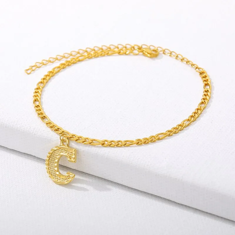 Figaro Cuban Link Chain 18K Gold Plated Waterproof Stainless Steel Anklets A-Z 26 Initial Letter