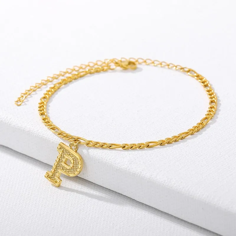 Figaro Cuban Link Chain 18K Gold Plated Waterproof Stainless Steel Anklets A-Z 26 Initial Letter
