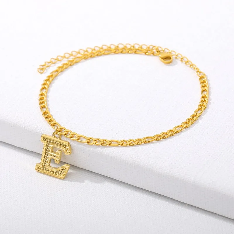 Figaro Cuban Link Chain 18K Gold Plated Waterproof Stainless Steel Anklets A-Z 26 Initial Letter