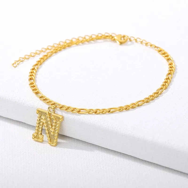 Figaro Cuban Link Chain 18K Gold Plated Waterproof Stainless Steel Anklets A-Z 26 Initial Letter