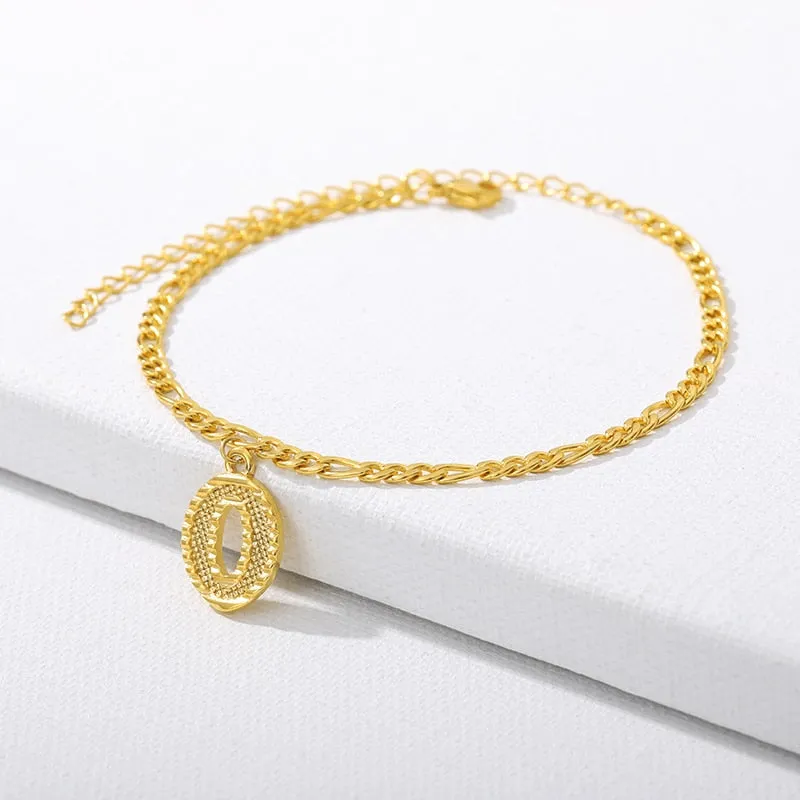 Figaro Cuban Link Chain 18K Gold Plated Waterproof Stainless Steel Anklets A-Z 26 Initial Letter