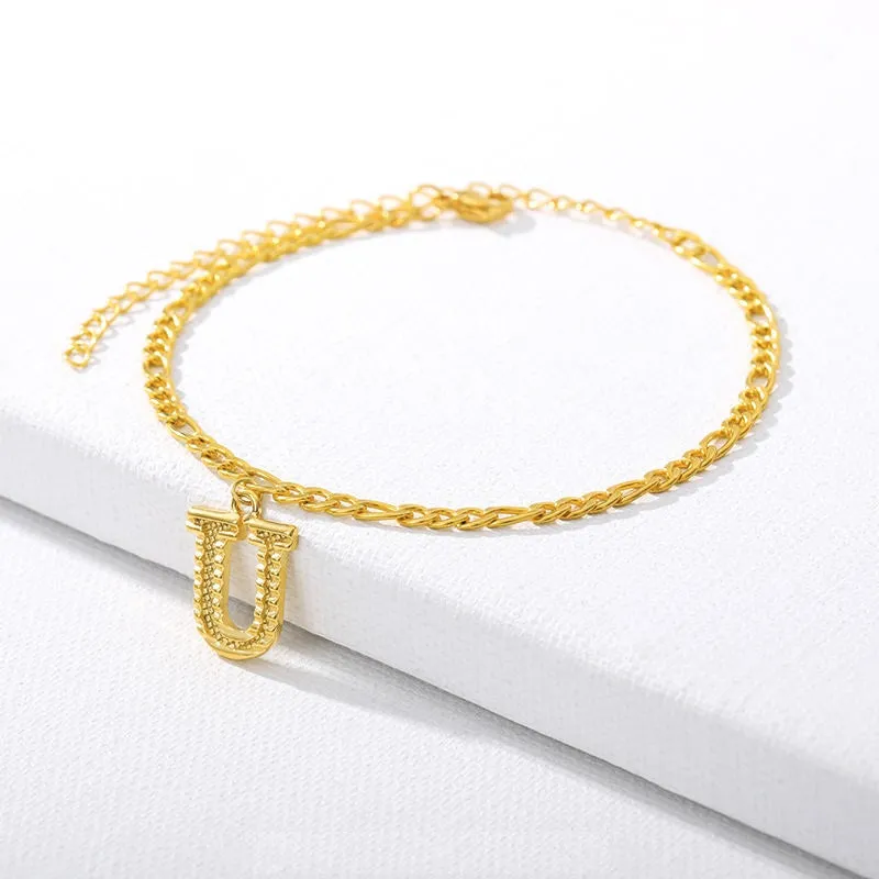 Figaro Cuban Link Chain 18K Gold Plated Waterproof Stainless Steel Anklets A-Z 26 Initial Letter