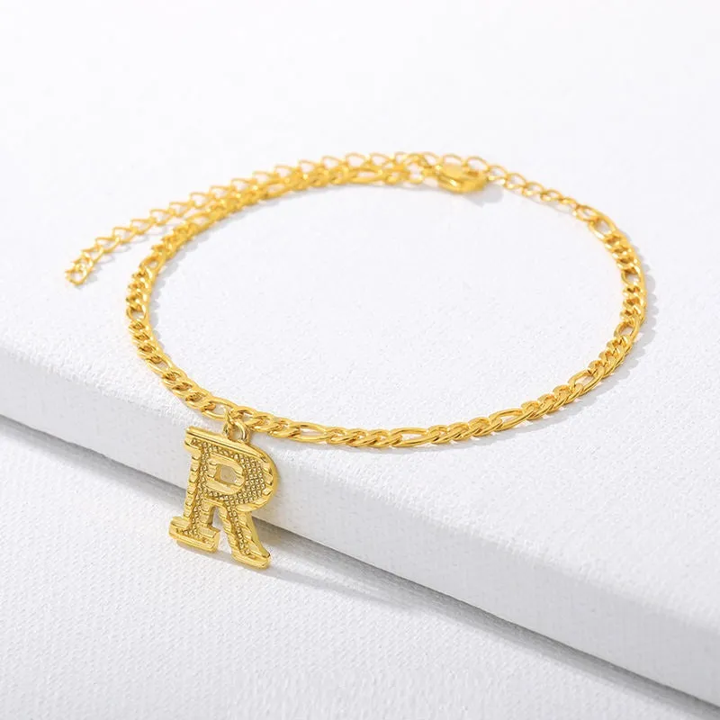 Figaro Cuban Link Chain 18K Gold Plated Waterproof Stainless Steel Anklets A-Z 26 Initial Letter