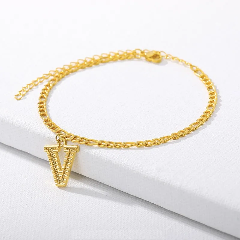 Figaro Cuban Link Chain 18K Gold Plated Waterproof Stainless Steel Anklets A-Z 26 Initial Letter