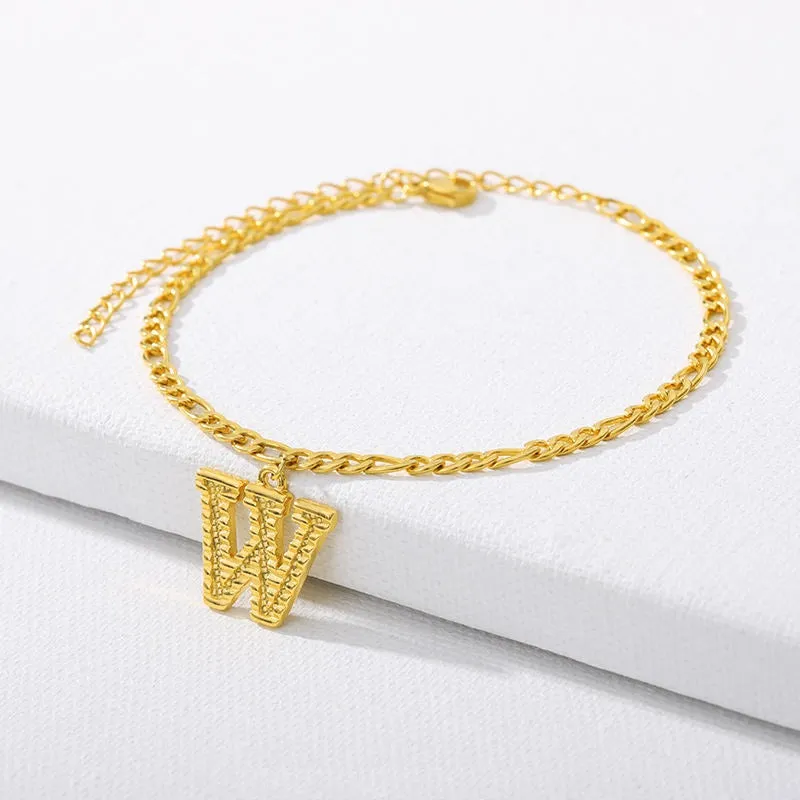 Figaro Cuban Link Chain 18K Gold Plated Waterproof Stainless Steel Anklets A-Z 26 Initial Letter