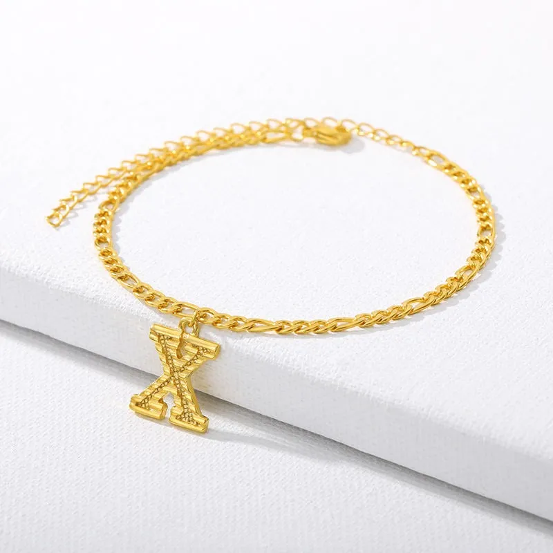 Figaro Cuban Link Chain 18K Gold Plated Waterproof Stainless Steel Anklets A-Z 26 Initial Letter