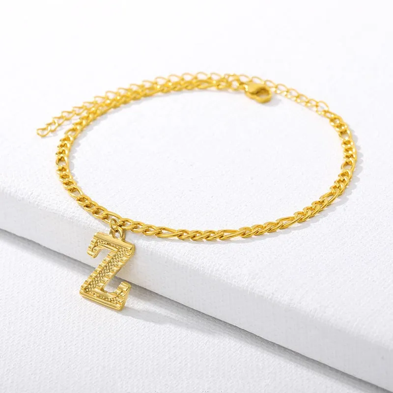 Figaro Cuban Link Chain 18K Gold Plated Waterproof Stainless Steel Anklets A-Z 26 Initial Letter