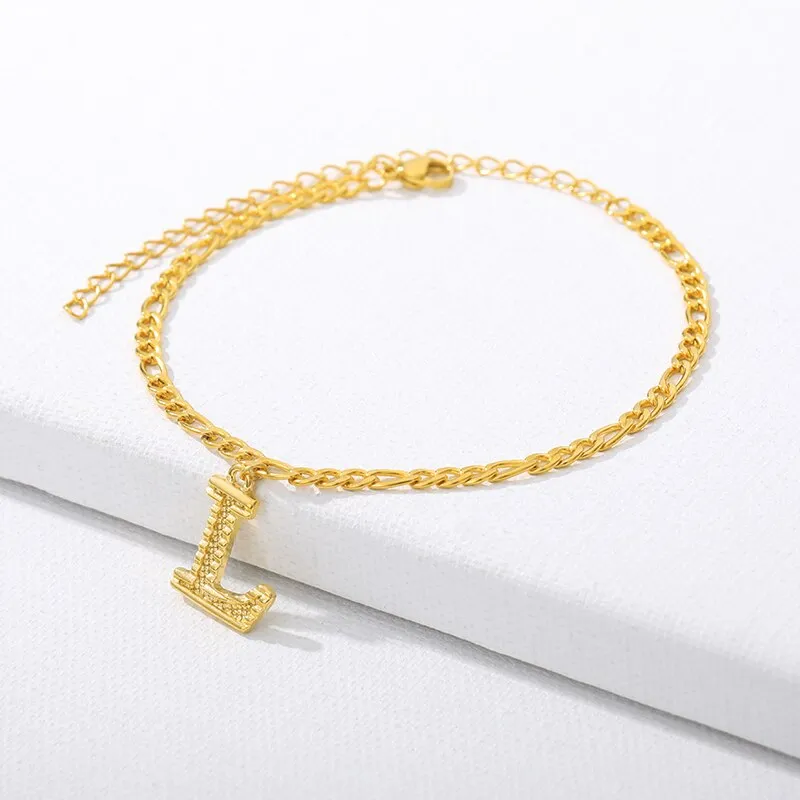 Figaro Cuban Link Chain 18K Gold Plated Waterproof Stainless Steel Anklets A-Z 26 Initial Letter