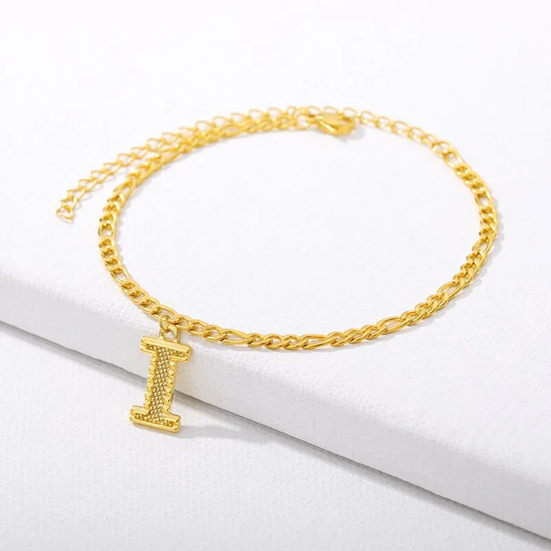 Figaro Cuban Link Chain 18K Gold Plated Waterproof Stainless Steel Anklets A-Z 26 Initial Letter