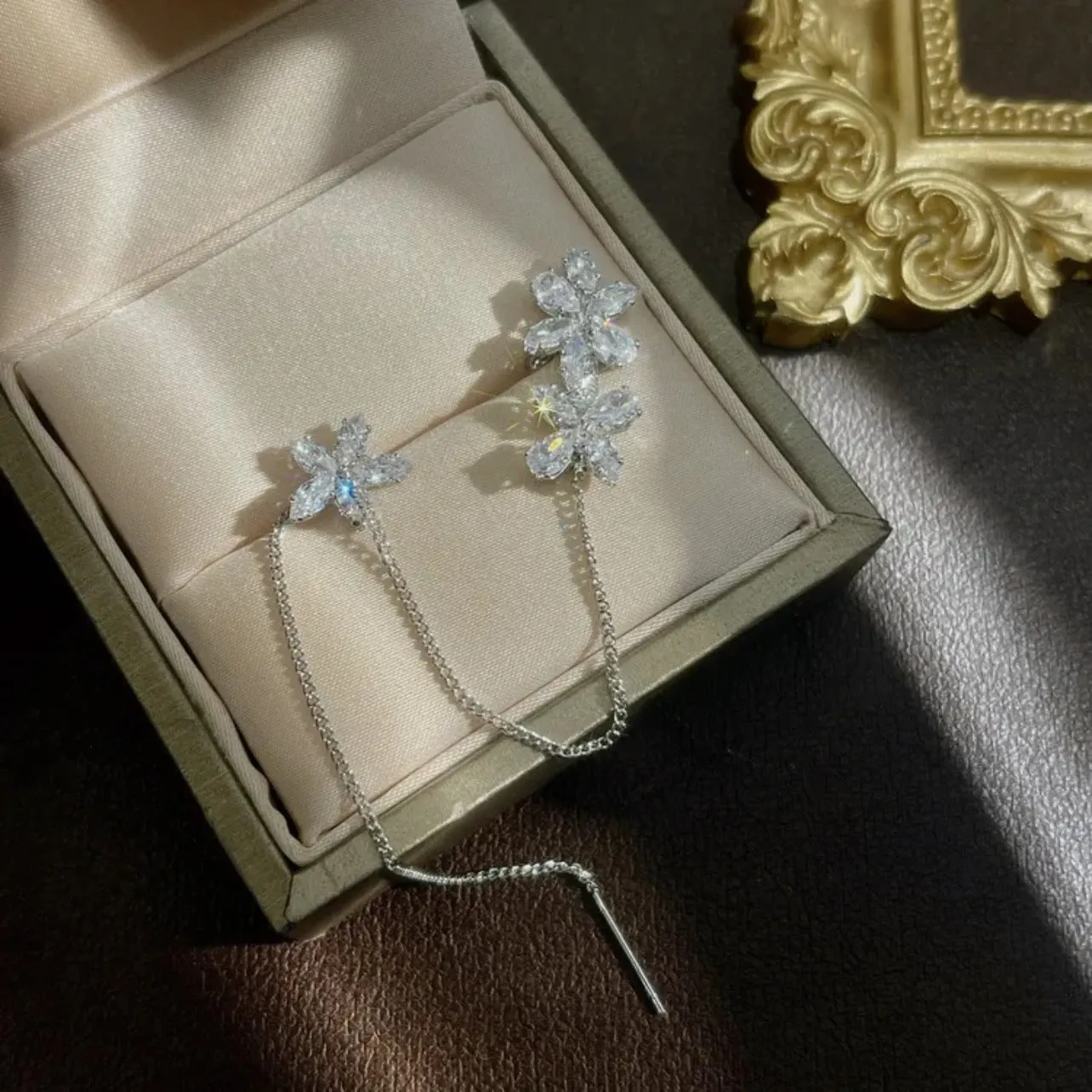 Floral Stone Korean Earcuff Threader Earrings 2Pcs/Set