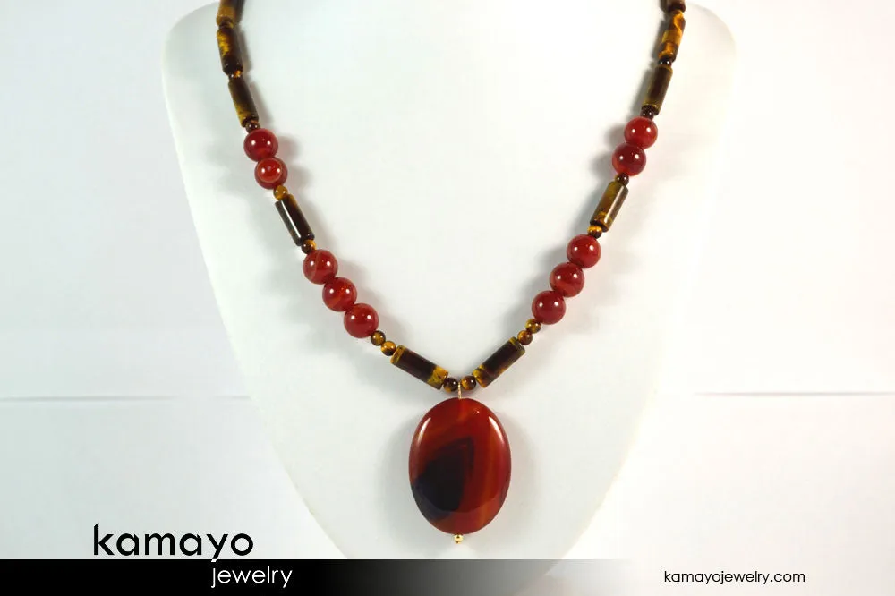 GEMINI NECKLACE - Large Oval Red Agate Pendant and Tiger Eye Beads