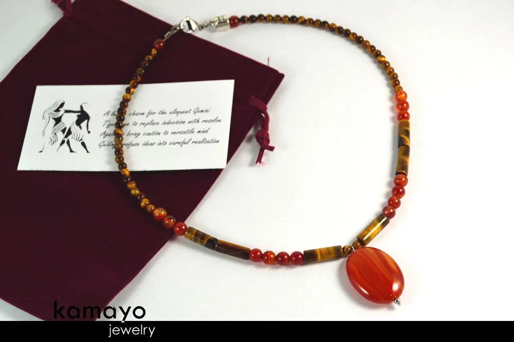 GEMINI NECKLACE - Oval Red Agate Pendant and Tiger Eye Beads