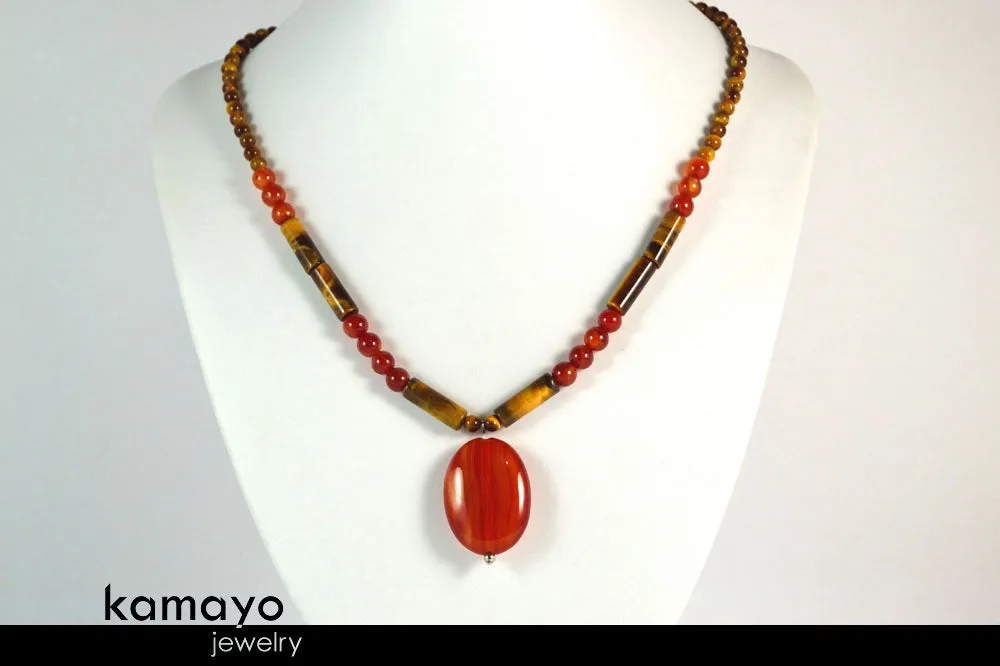GEMINI NECKLACE - Oval Red Agate Pendant and Tiger Eye Beads