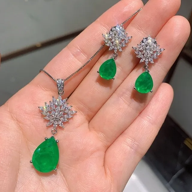 Genuine Emerald Gemstone Jewelry Set Earrings/Pendant/Necklace 925S Silver
