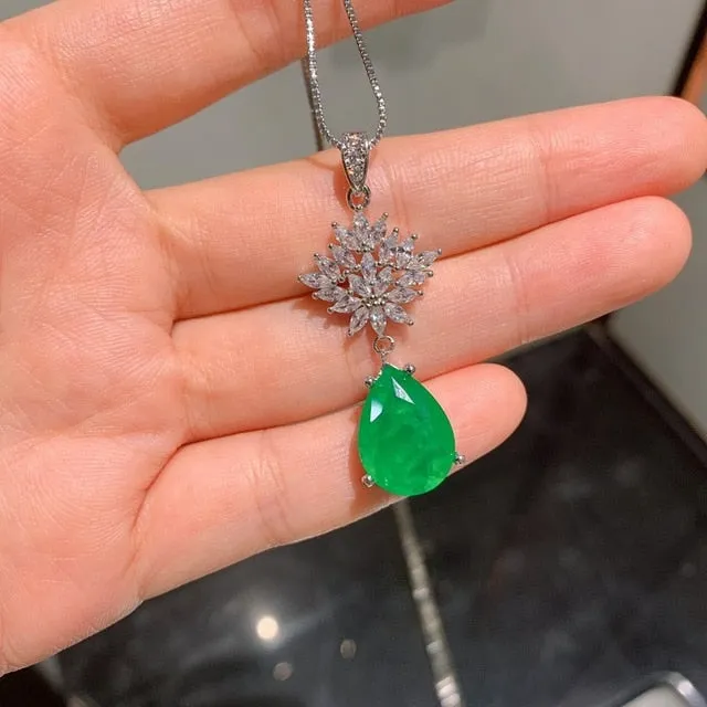 Genuine Emerald Gemstone Jewelry Set Earrings/Pendant/Necklace 925S Silver