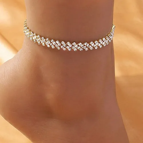Geometric Rhinestone Anklet for Women - Beach Foot Jewelry in Gold/Silver