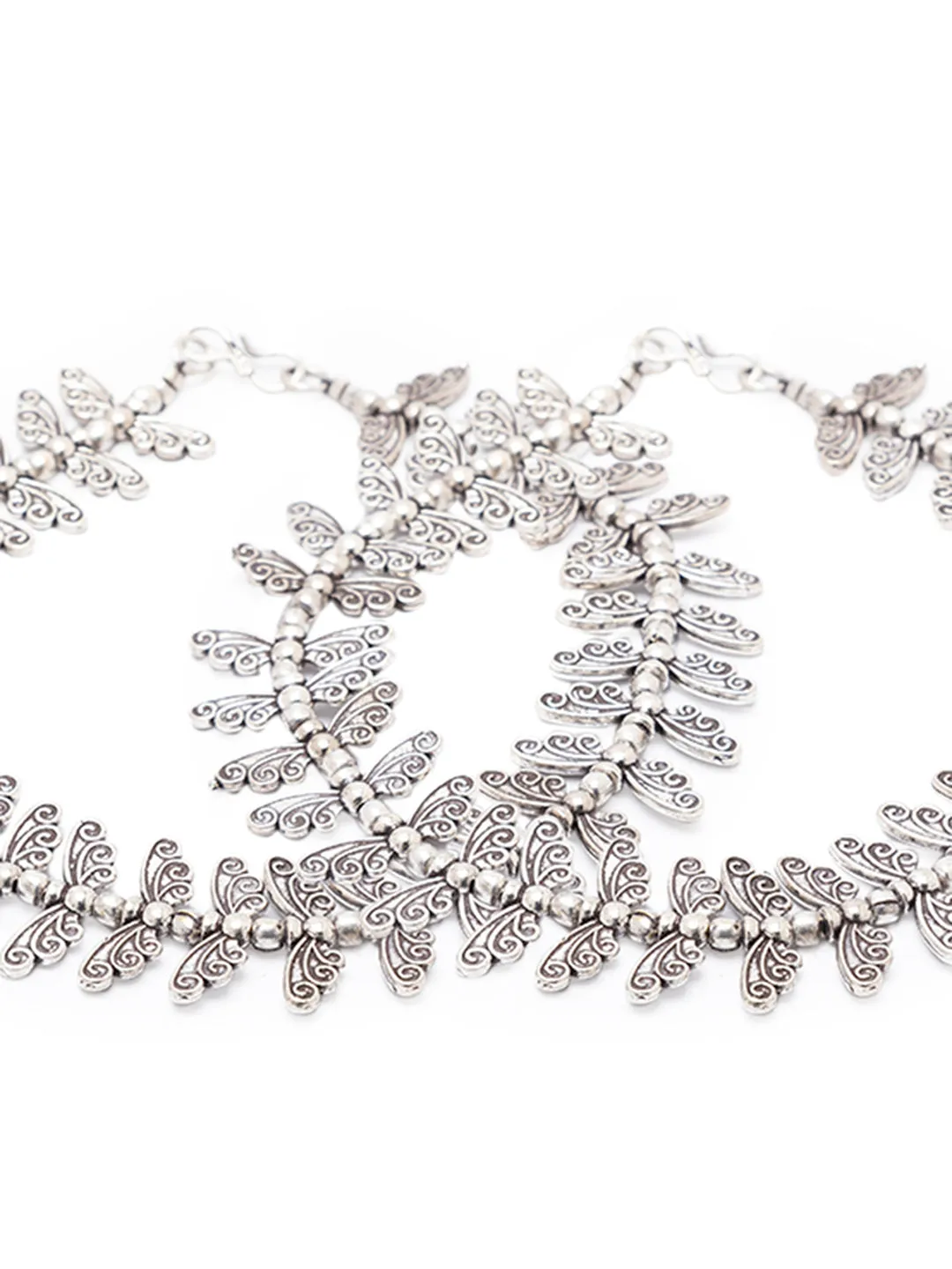 German Oxidised Silver Anklets Butterfly Engraved Payal Silver Plating & Beads Paijan Foot Jewellery