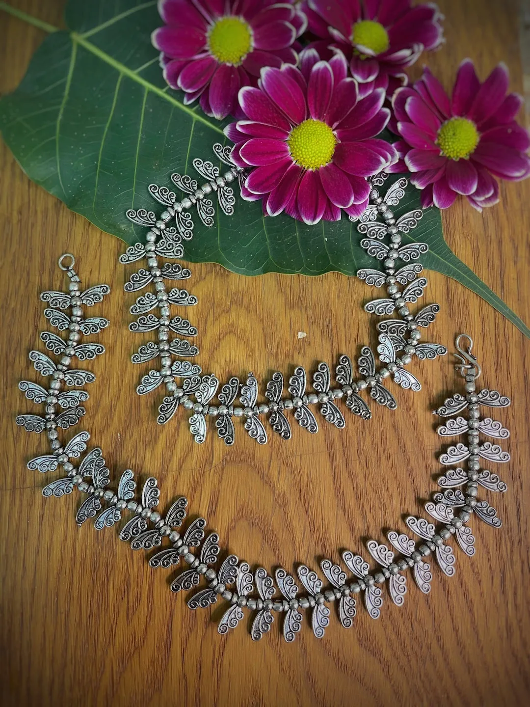 German Oxidised Silver Anklets Butterfly Engraved Payal Silver Plating & Beads Paijan Foot Jewellery