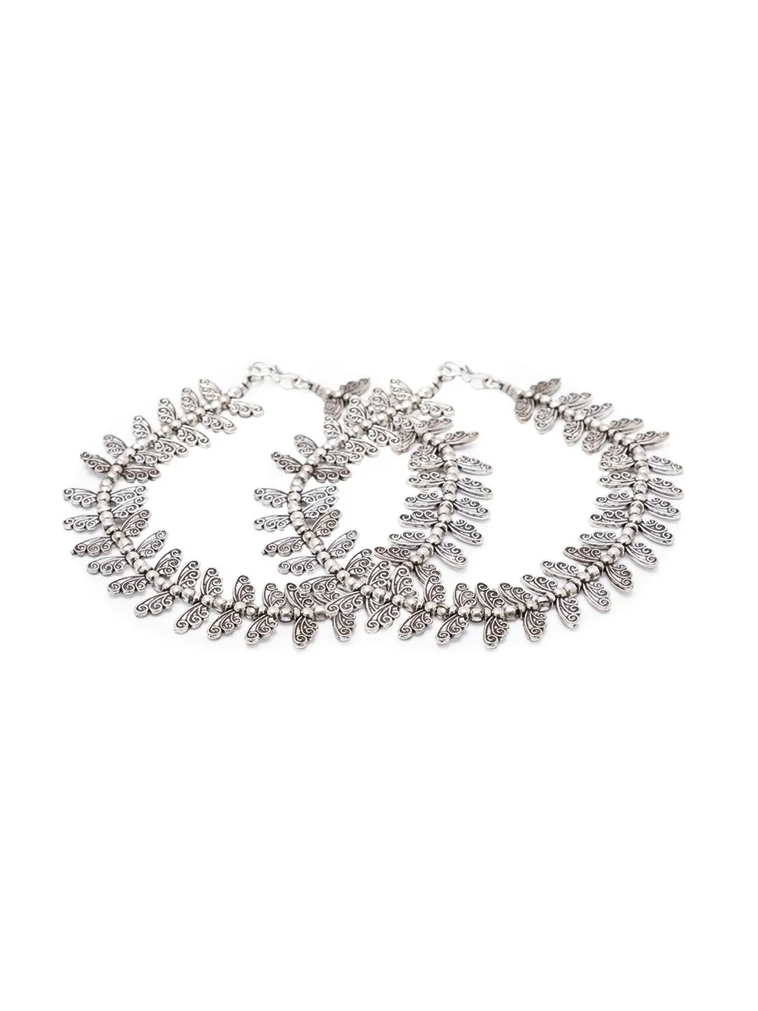 German Oxidised Silver Anklets Butterfly Engraved Payal Silver Plating & Beads Paijan Foot Jewellery