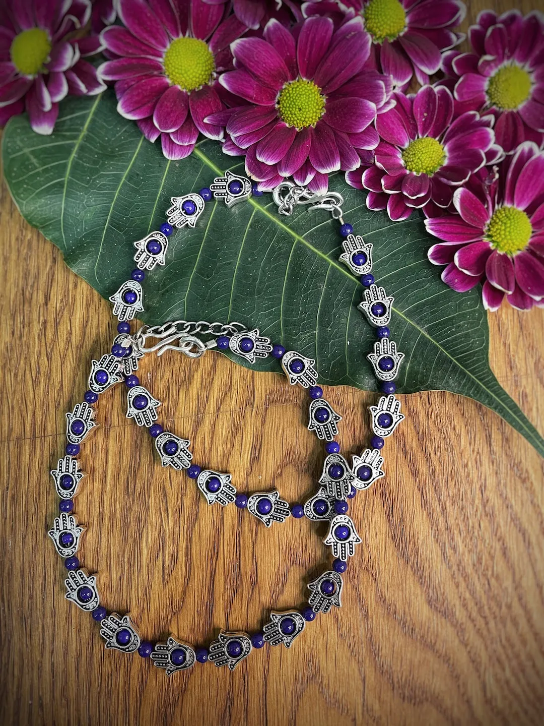 German Oxidised Silver Anklets Ethnic Blue Hamsa beads Payal Silver Plating Paijan Foot Jewellery