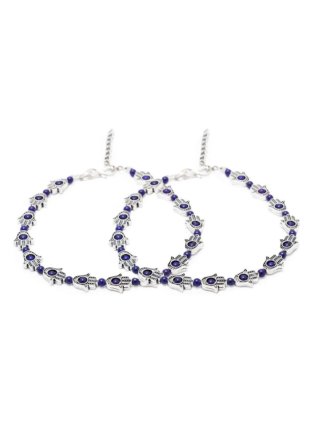 German Oxidised Silver Anklets Ethnic Blue Hamsa beads Payal Silver Plating Paijan Foot Jewellery
