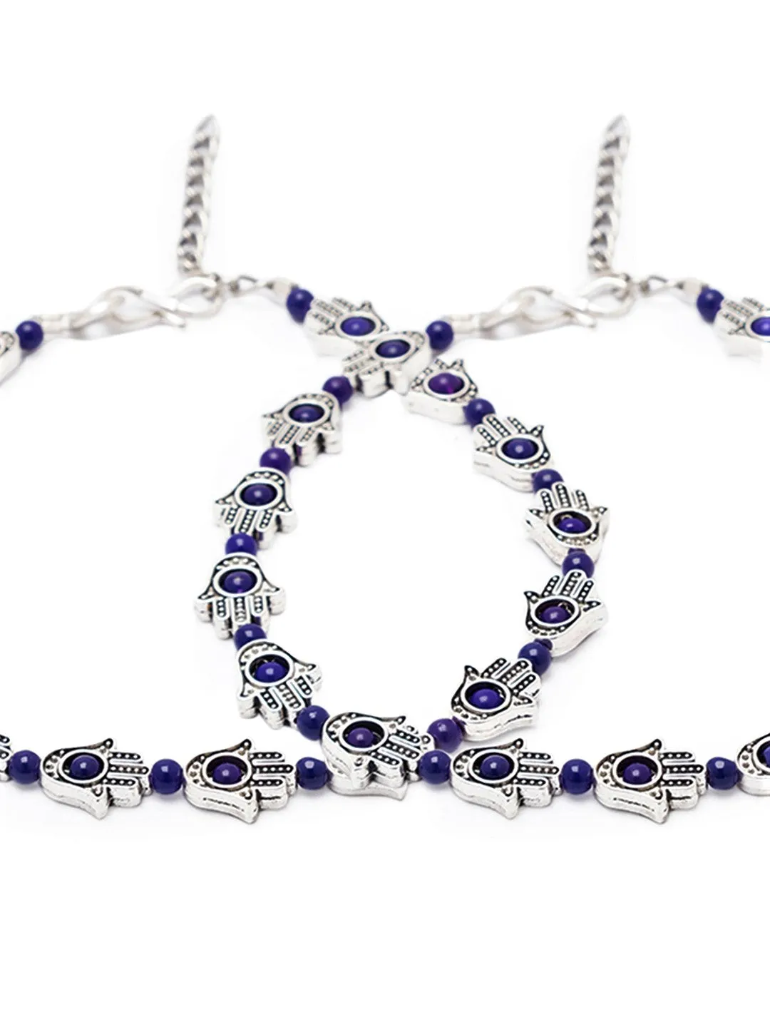 German Oxidised Silver Anklets Ethnic Blue Hamsa beads Payal Silver Plating Paijan Foot Jewellery