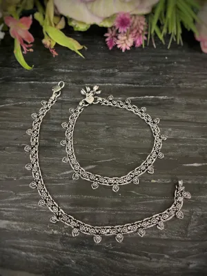 German Oxidised Silver Anklets Floral/Heart Shape Design Payal Silver Plating Ghungroo Foot Jewellery