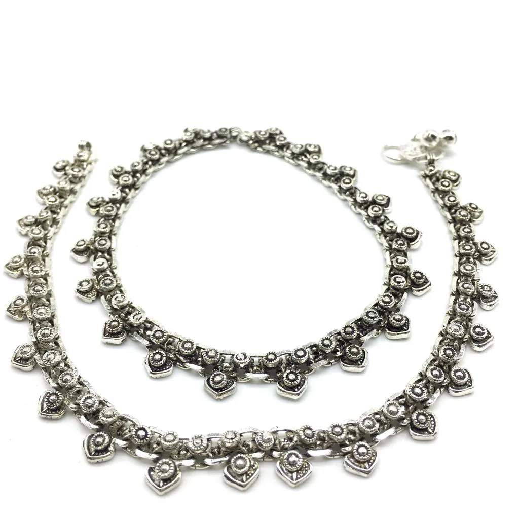 German Oxidised Silver Anklets Floral/Heart Shape Design Payal Silver Plating Ghungroo Foot Jewellery