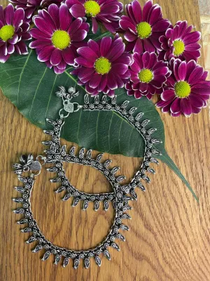 German Oxidised Silver Anklets Floral/Paan Design Payal Silver Plating Paijan Ghungroo Foot Jewellery