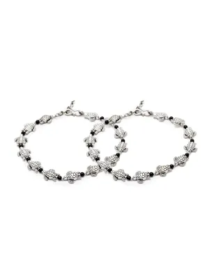German Oxidised Silver Anklets Tortoise Payal Silver Plating Pazeb With Black beads Foot Jewellery