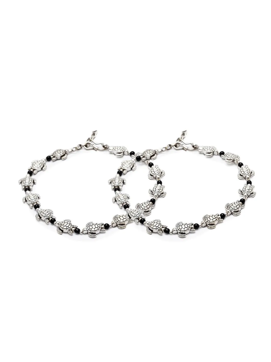 German Oxidised Silver Anklets Tortoise Payal Silver Plating Pazeb With Black beads Foot Jewellery