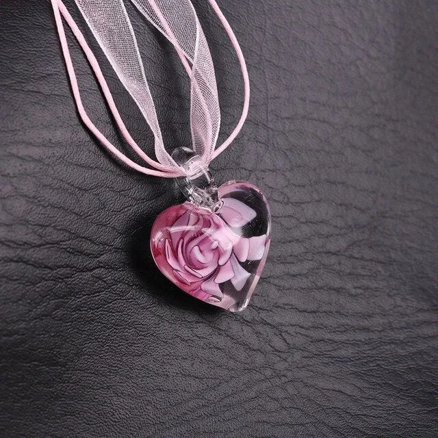 Glass Heart  Pendant Handmade Pink Dried Flower Women Necklace