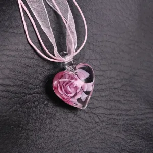 Glass Heart  Pendant Handmade Pink Dried Flower Women Necklace