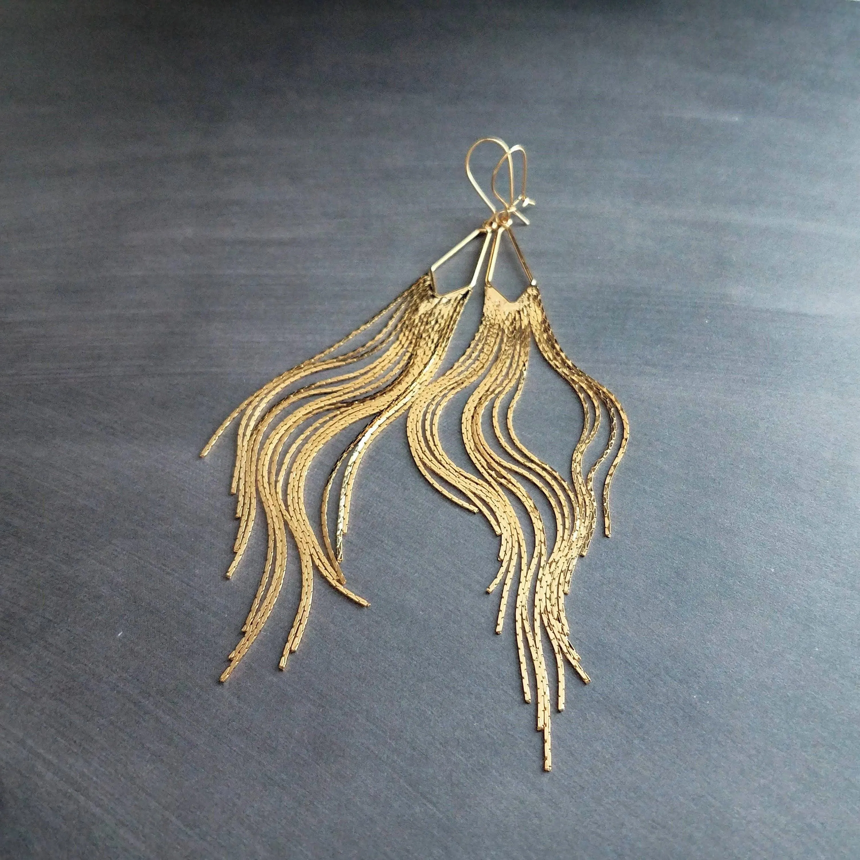 Gold Chain Fringe Earrings - thin snake chain strands, chain dangle, v shape, thin chain fringe, chain tassel, 5.6 inch extra long earring