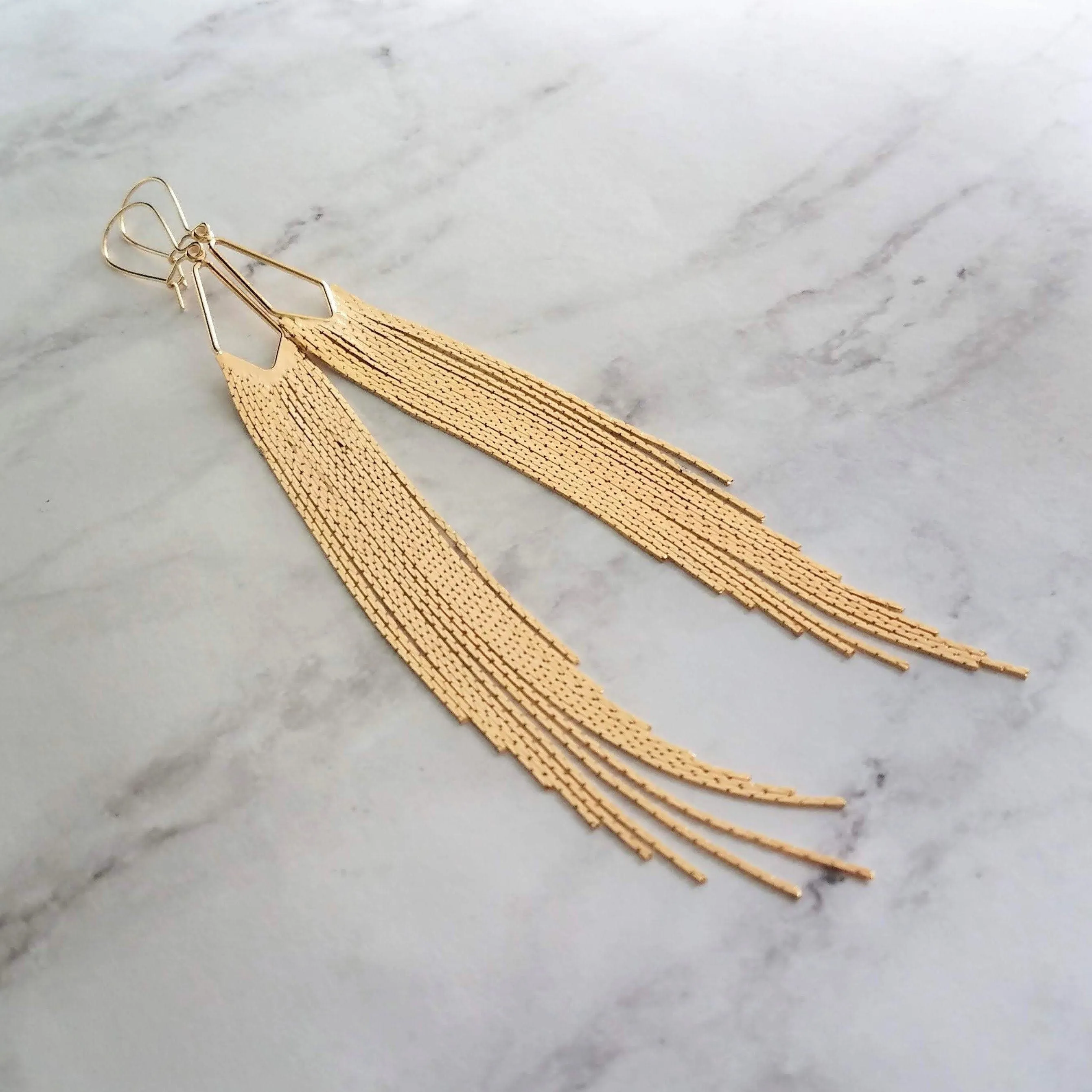 Gold Chain Fringe Earrings - thin snake chain strands, chain dangle, v shape, thin chain fringe, chain tassel, 5.6 inch extra long earring