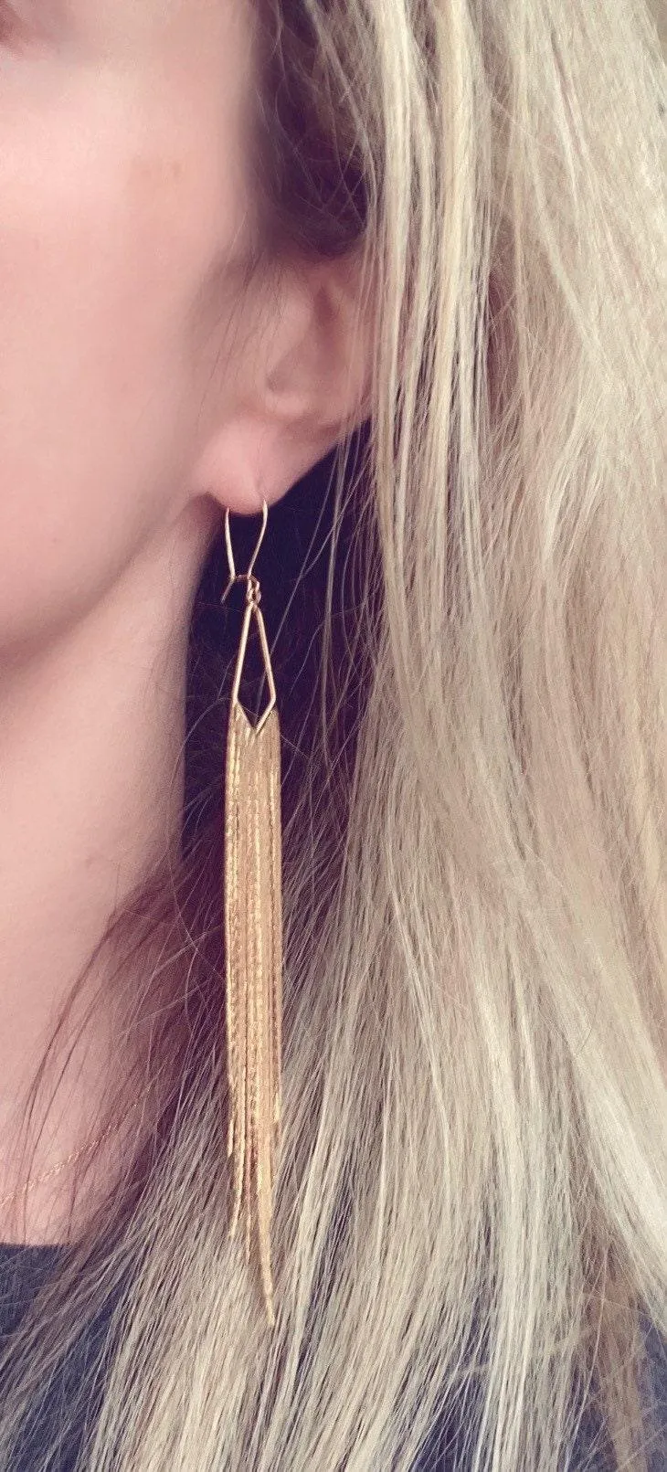 Gold Chain Fringe Earrings - thin snake chain strands, chain dangle, v shape, thin chain fringe, chain tassel, 5.6 inch extra long earring