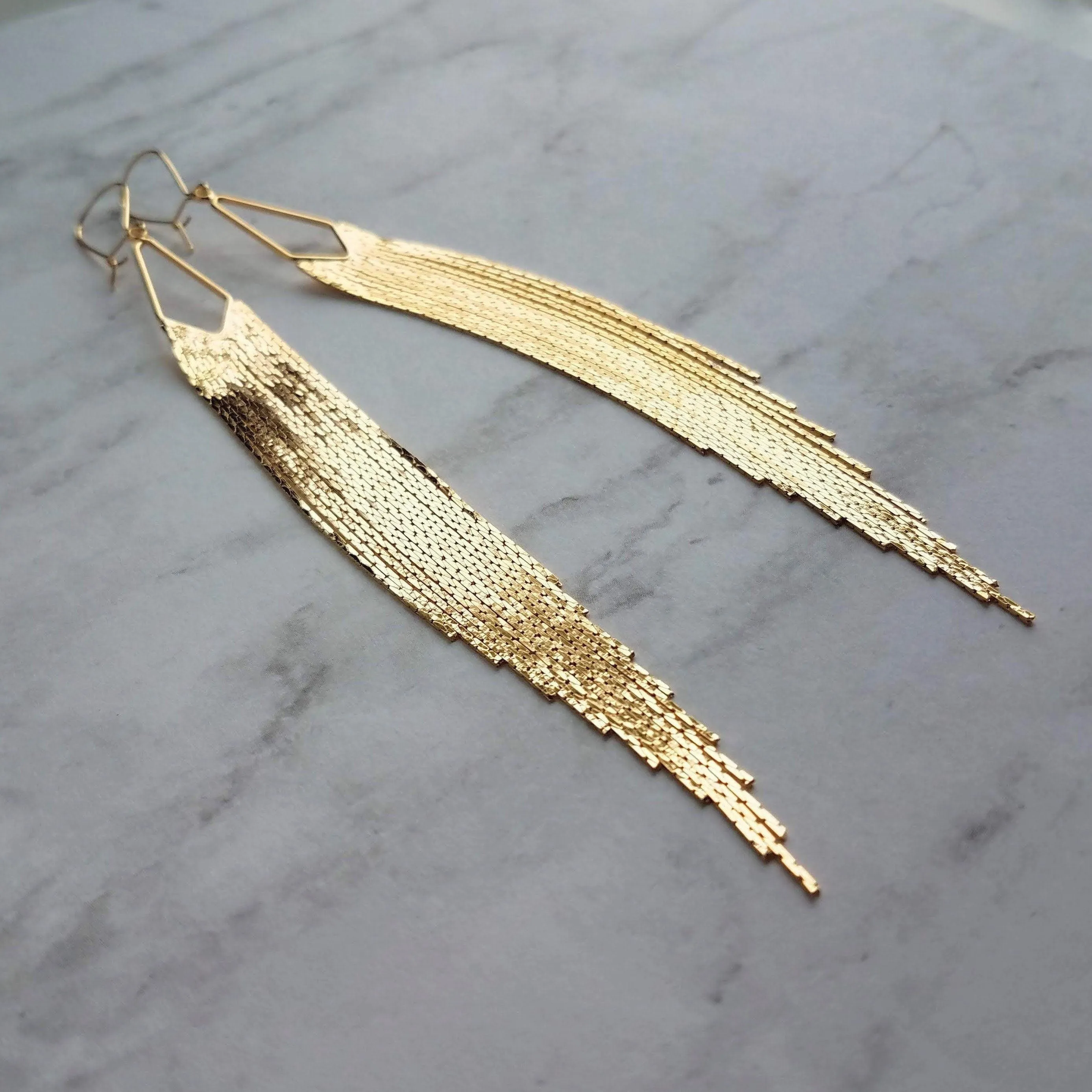 Gold Chain Fringe Earrings - thin snake chain strands, chain dangle, v shape, thin chain fringe, chain tassel, 5.6 inch extra long earring