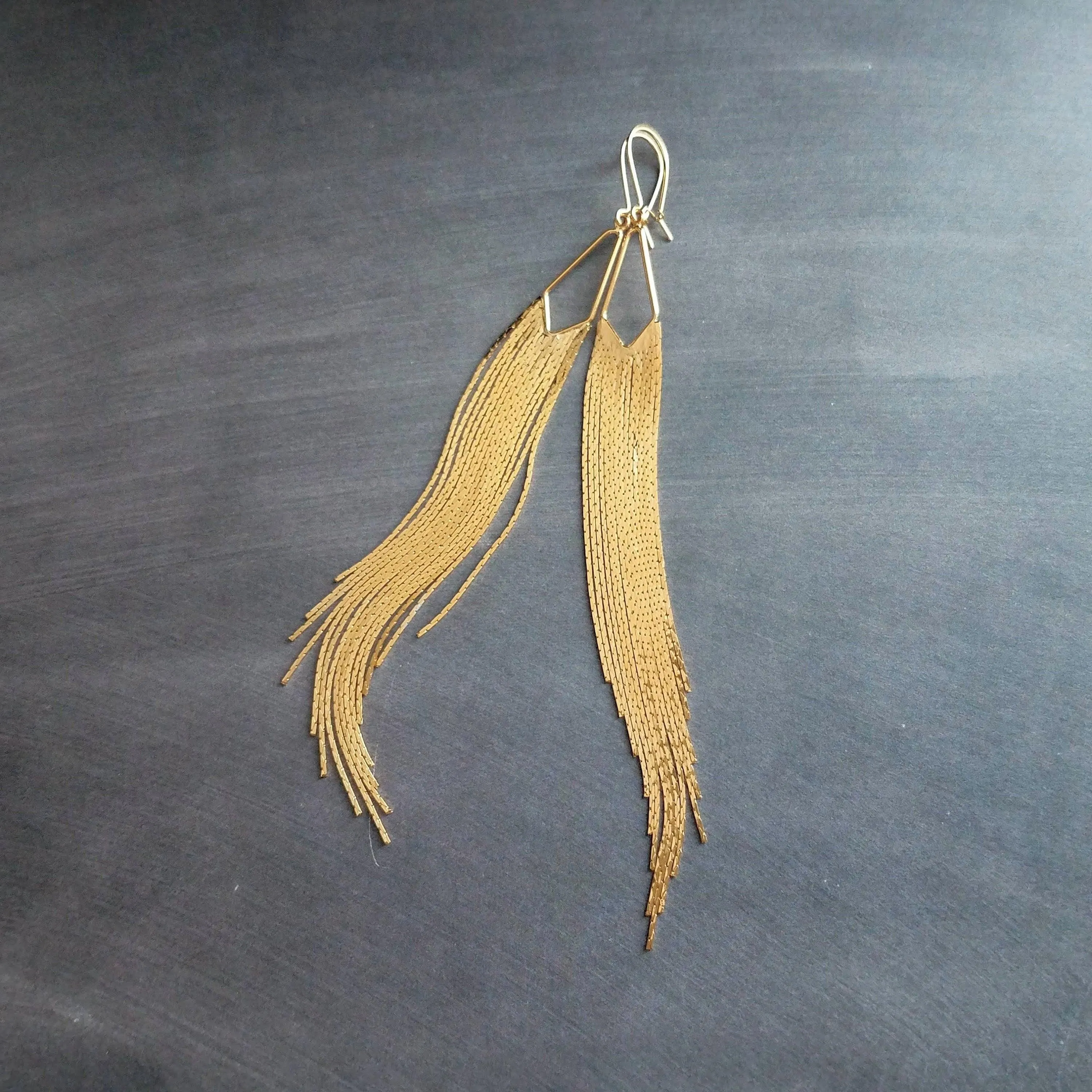 Gold Chain Fringe Earrings - thin snake chain strands, chain dangle, v shape, thin chain fringe, chain tassel, 5.6 inch extra long earring