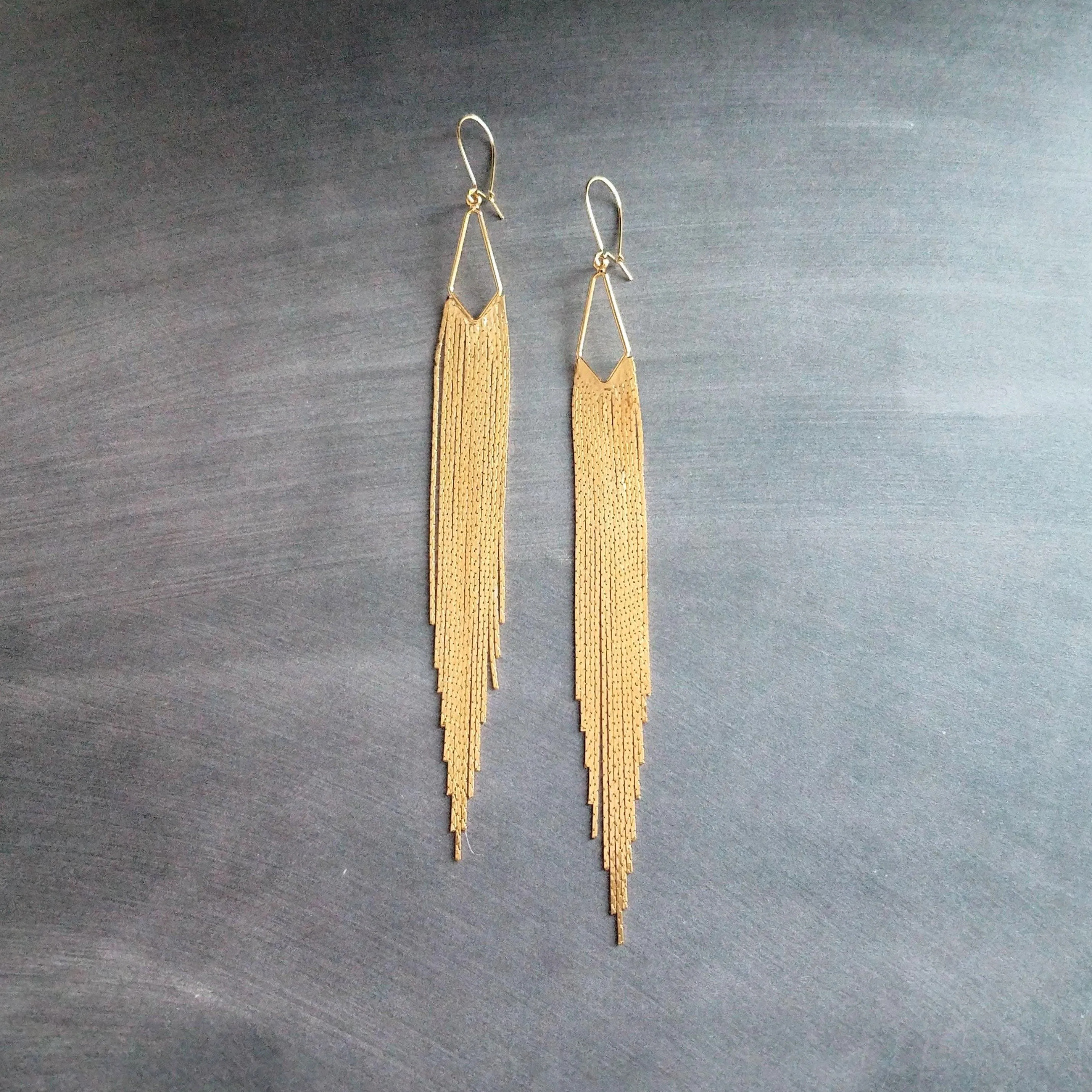Gold Chain Fringe Earrings - thin snake chain strands, chain dangle, v shape, thin chain fringe, chain tassel, 5.6 inch extra long earring