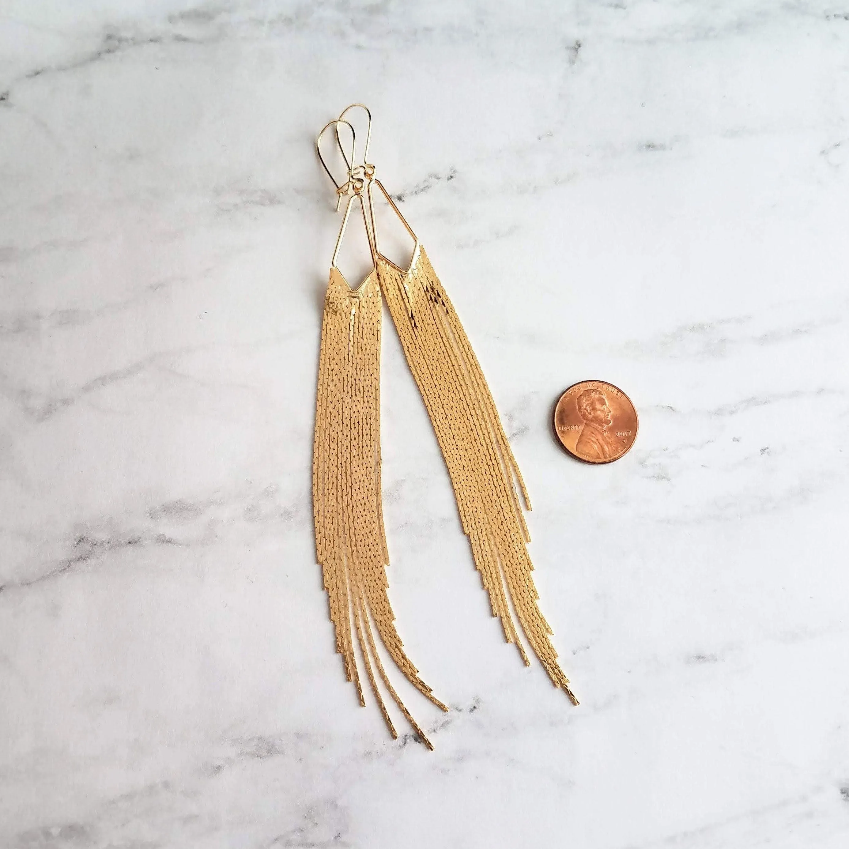 Gold Chain Fringe Earrings - thin snake chain strands, chain dangle, v shape, thin chain fringe, chain tassel, 5.6 inch extra long earring