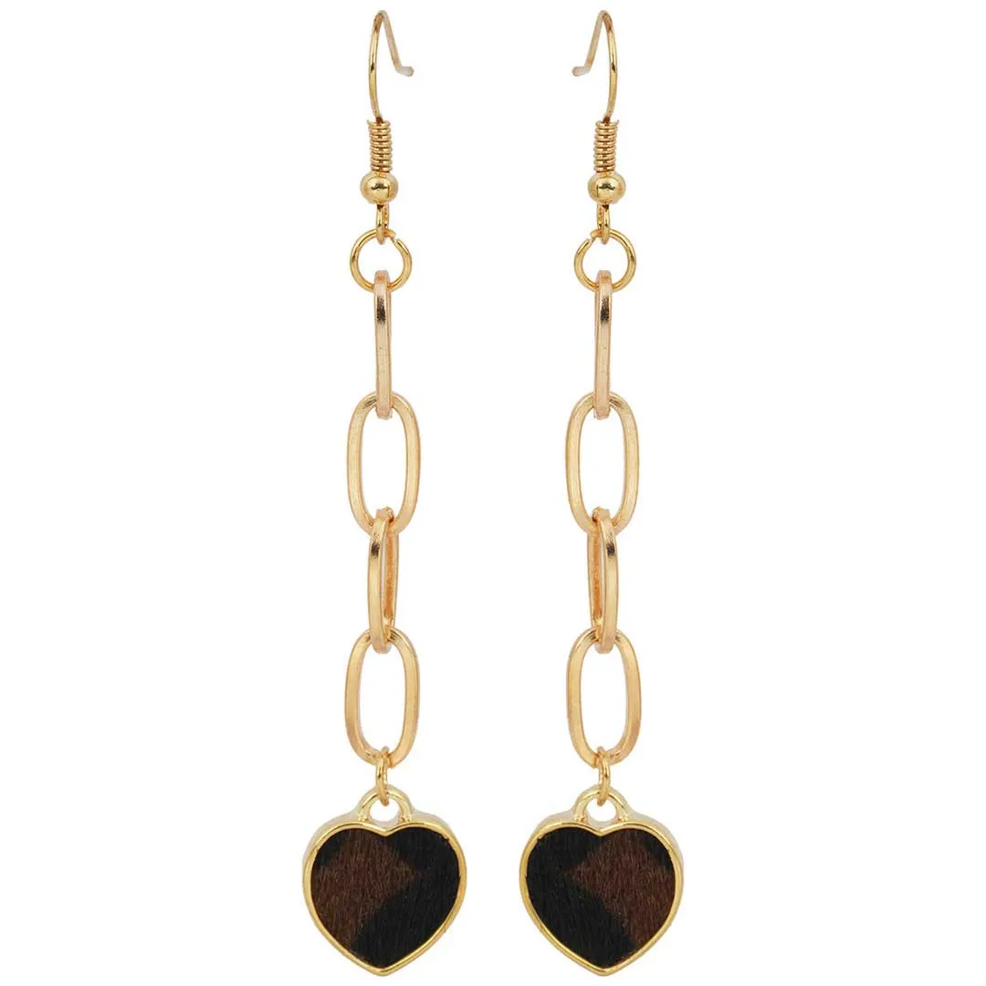 Gold Chain Fur Heart Dangling Earrings
